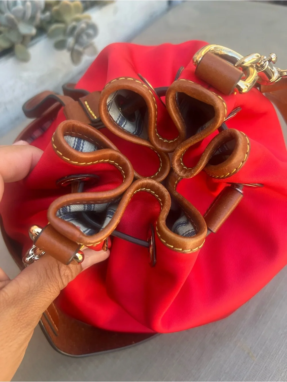 Red Drawstring Hobo with Brown Leather Trim